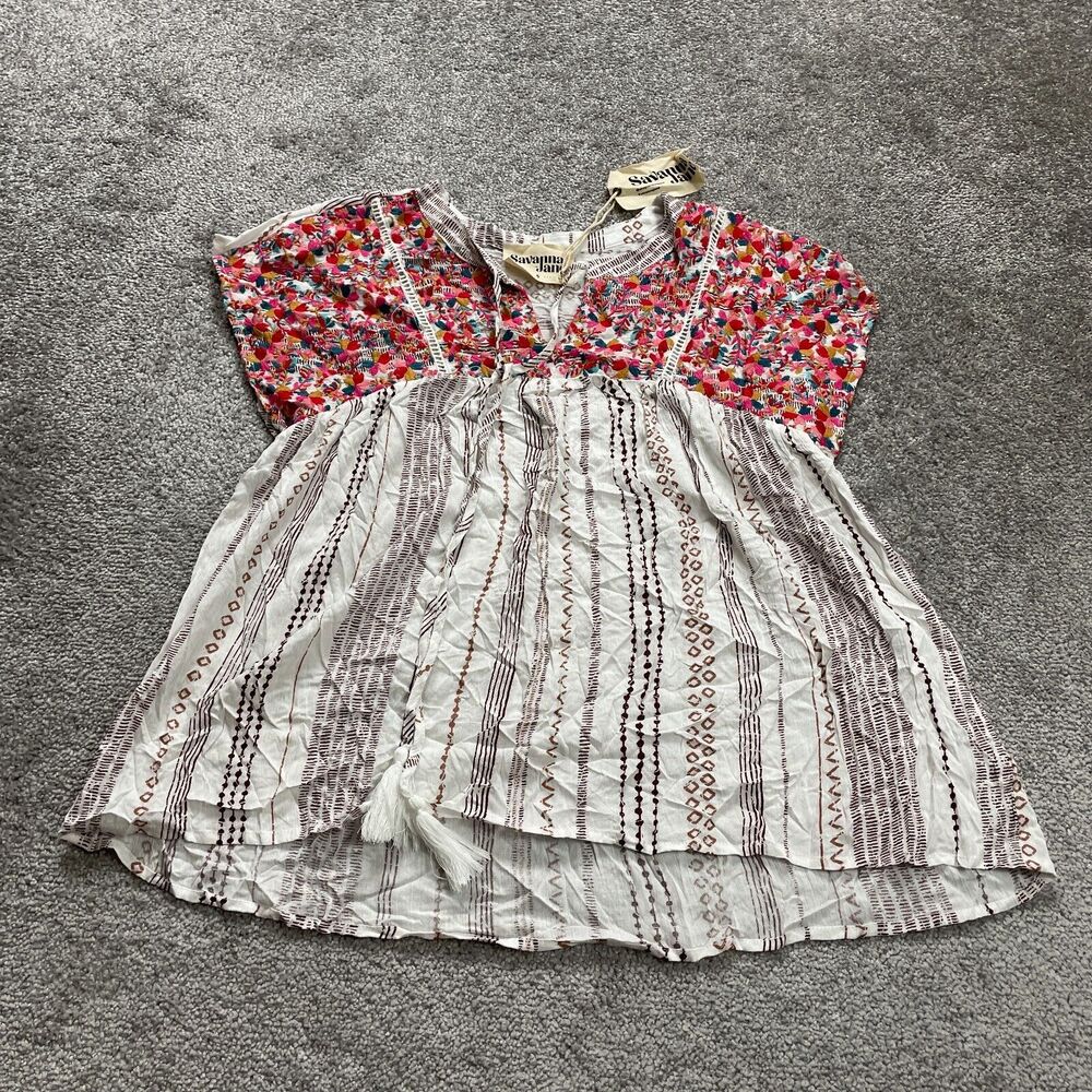 Savanna Jane Tunic Blouse Womens Small Multi Embroidered Tasseled Bohemian NWT